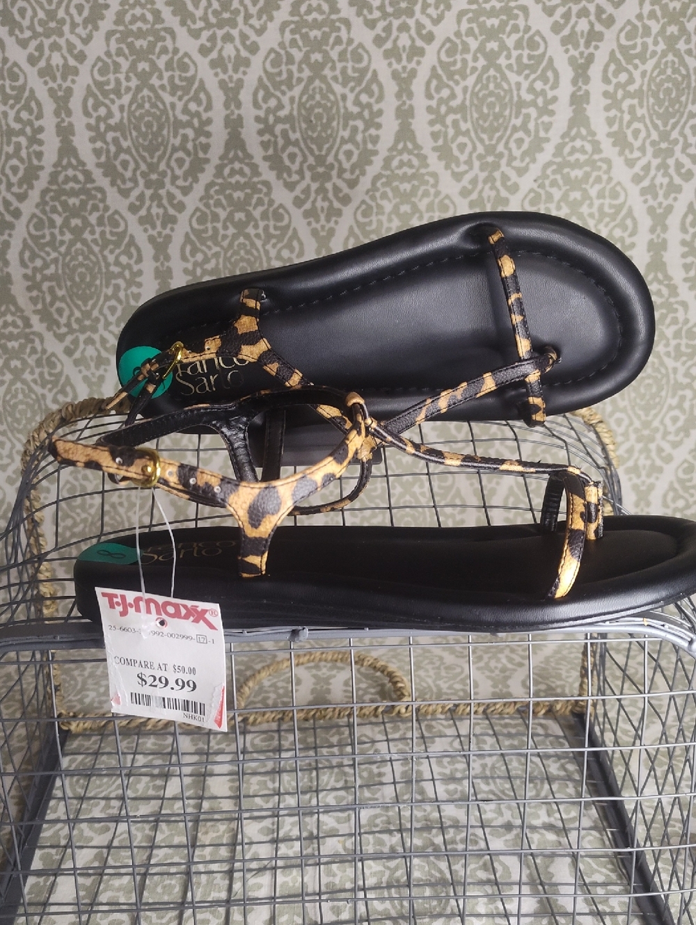Franco Sarto Leopard-Print Strappy Sandals - Black and Gold